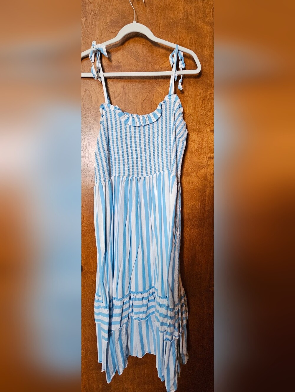 Draper James Light Blue and White Striped Sundress with Ruffle Trim
